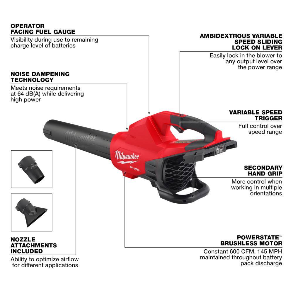 MW M18 FUEL Dual Battery 145 MPH 600 CFM 18V Lithium-Ion Brushless Cordless Handheld Blower with M18 FUEL 16 in. Chainsaw 2824-20-2727-20