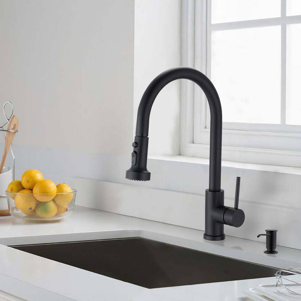 Aurora Decor Melo Single-Handle Kitchen Sink Faucet with Soap Dispenser in Matte Black KFMSHD2A101MB