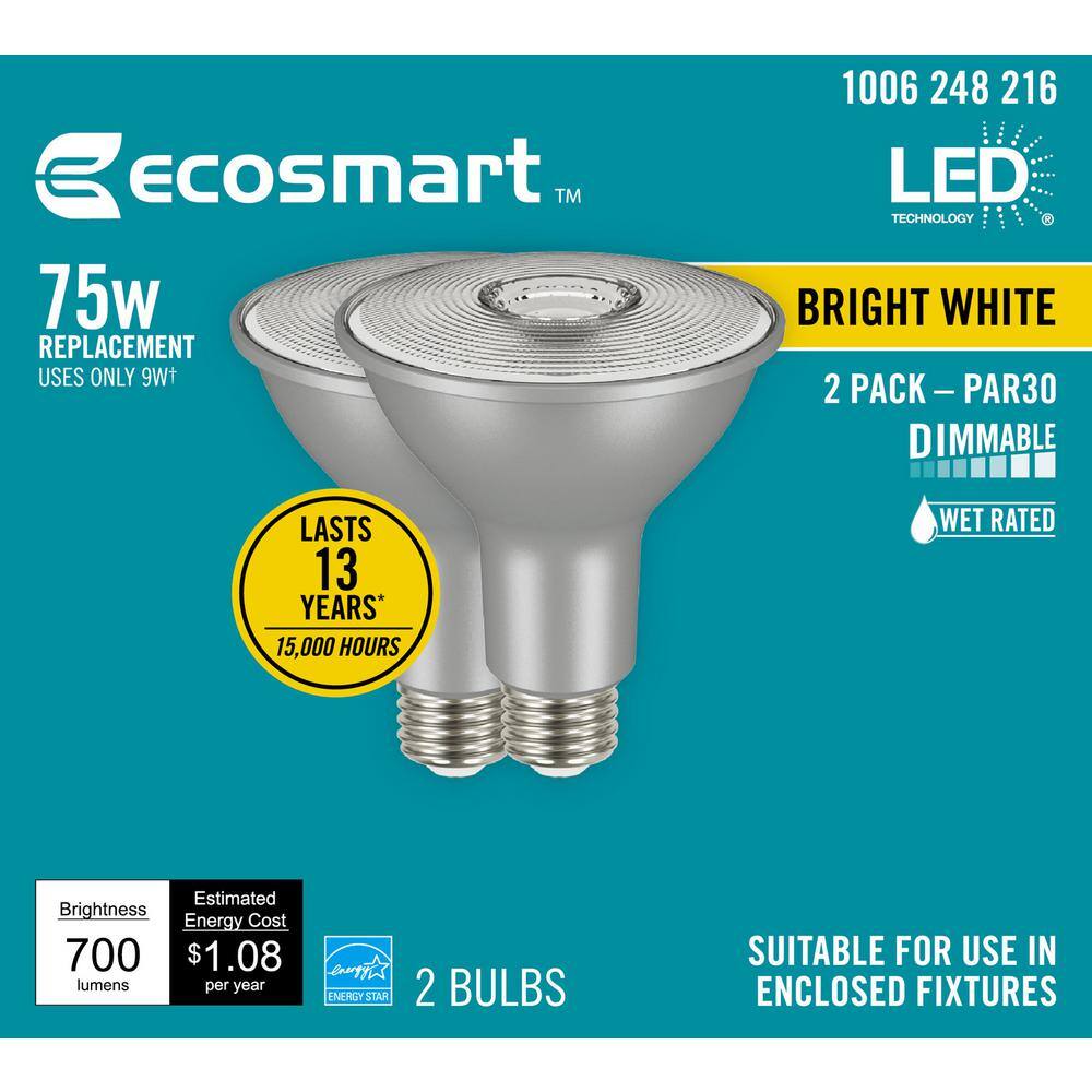 EcoSmart 75-Watt Equivalent PAR30 Dimmable Flood LED Light Bulb Bright White (2-Pack) A20PR3075WESD32