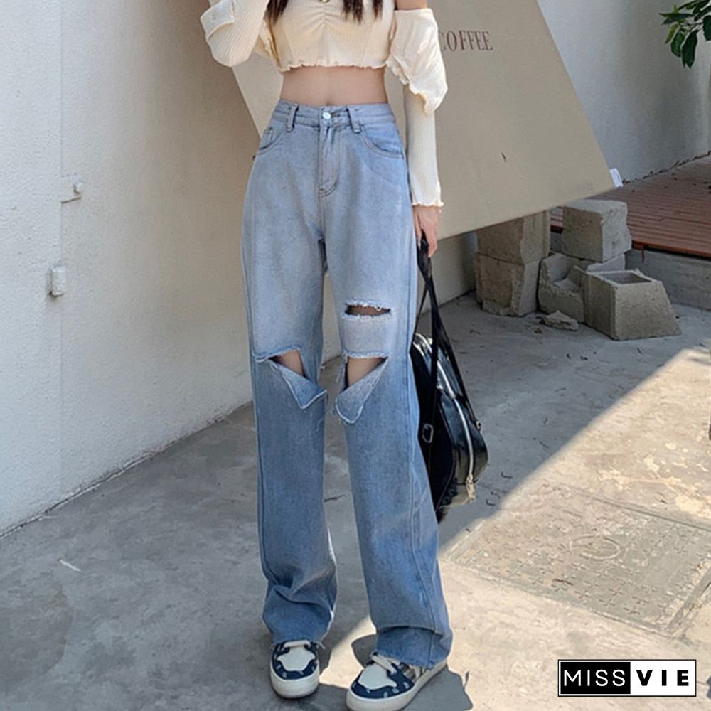 Woman Jeans Ripped High Waist Clothes Wide Leg Denim Clothing Streetwear Vintage Quality Fashion Harajuku Straight Pants