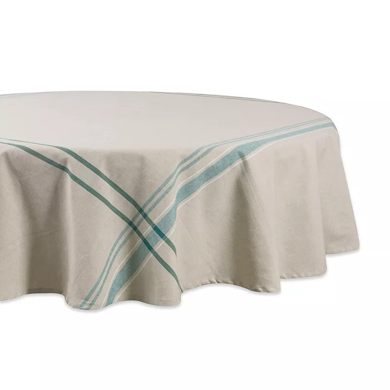 White and Teal French Striped Chambray Round Tablecloth 70