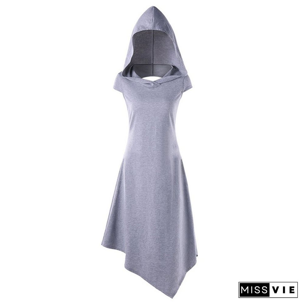 Gothic Medieval Style Women Hooded Criss Cross Irregular Handkerchief Dress Summer Casual Sleeveless Dress Asymmetrical Dresses