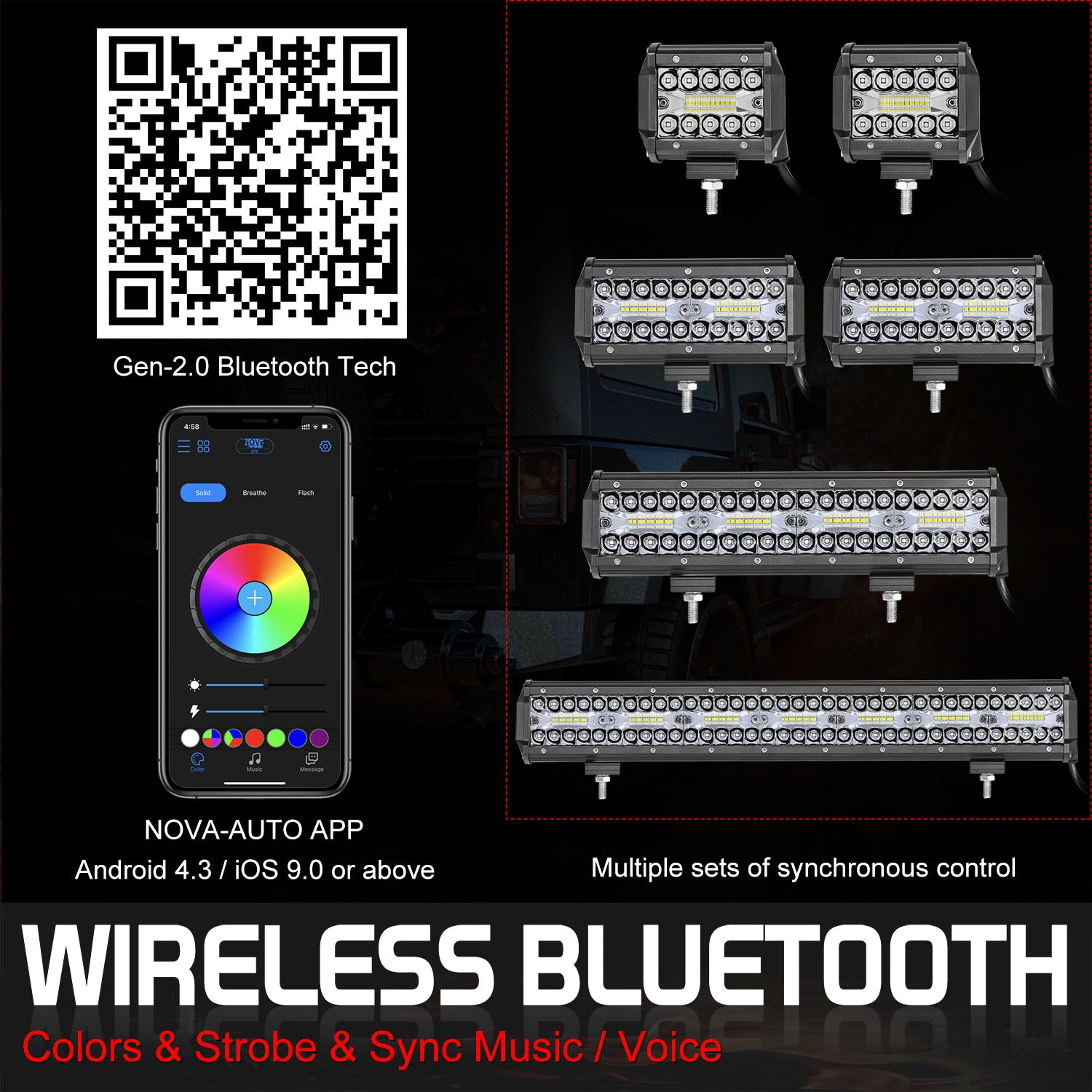 RGB LED LIGHT BAR OFFROADTOWN APP Wireless Bluetooth Spot RGB Multi-Color Music Strobe Halo W/ Flood 3000k Off-Road Driving Reverse Pods Tractor 4WD 12V， W/ PLUG PLAY WIIRNG HARNESS KIT