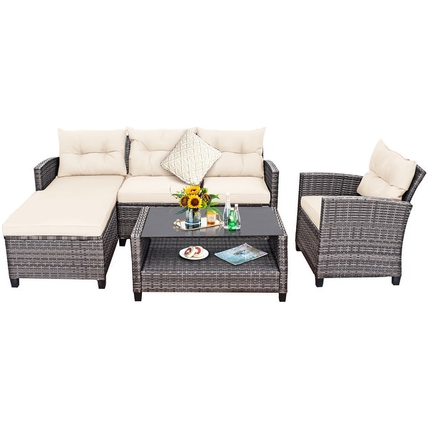 Gymax 4PCS Rattan Patio Conversation Furniture Set Outdoor Sectional