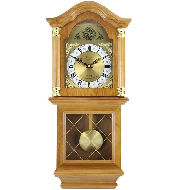 Bedford Clock Collection  26 in. Classic Golden Oak Chiming Wall Clock with Swinging Pendulum