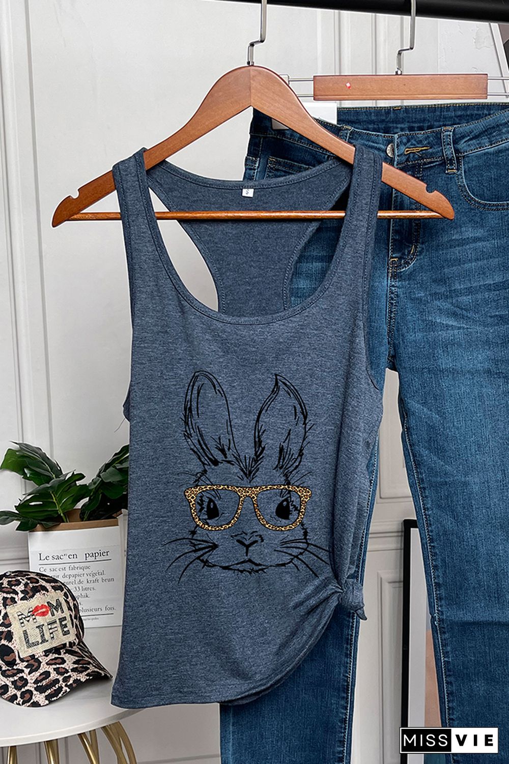 Easter Bunny With Glasses Printed Sleeveless Tank Top Wholesale