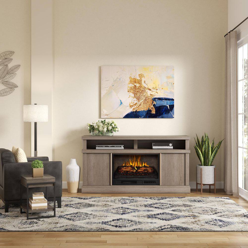 SCOTT LIVING MEYERSON 60 in. Freestanding Media Console Wooden Electric Fireplace in Natural Camel Ash Grain HDSLFP60L-2B