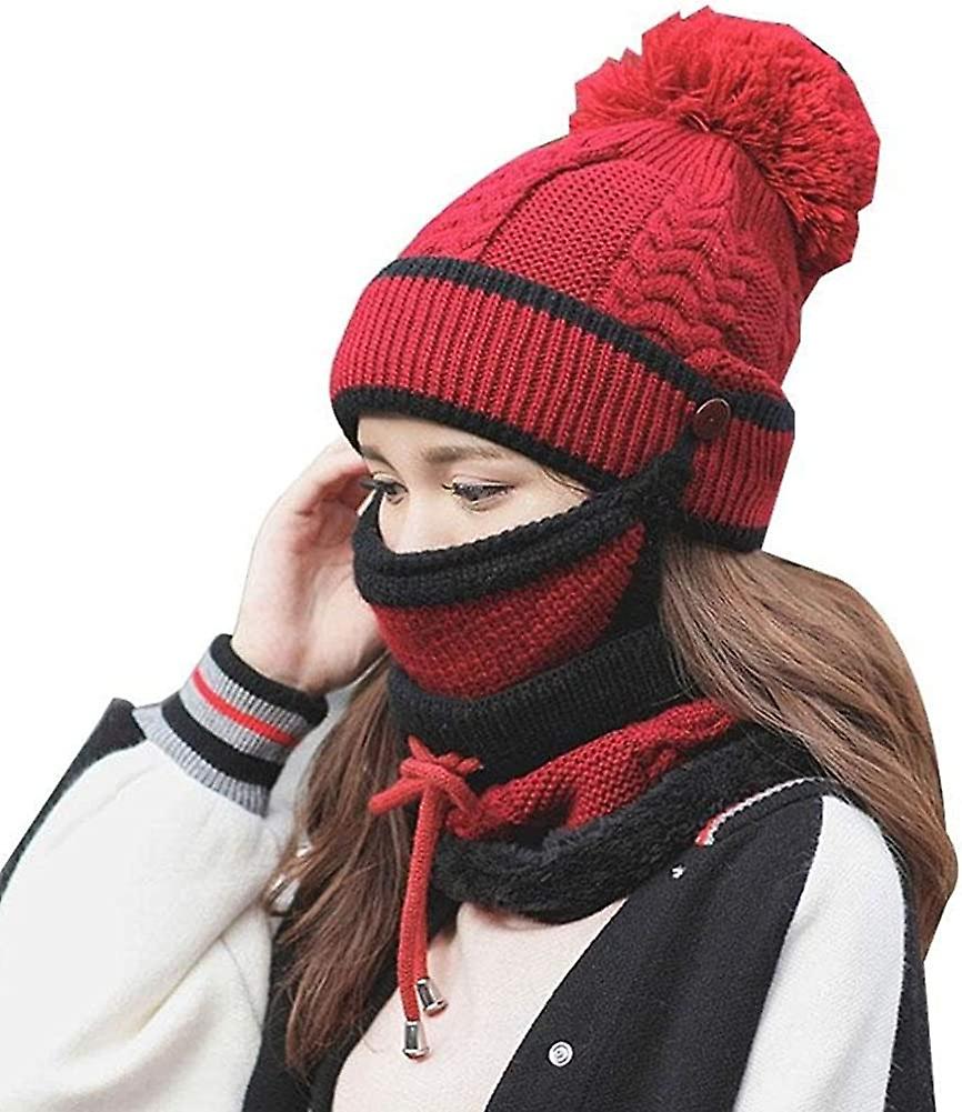 3pcs/set Fashion Women Winter Knitted Hat Thickened Woolen Cap With Warm Mask And Neck Scarf Wine Red -