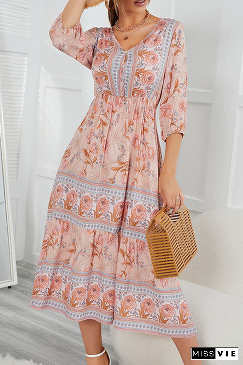 Bohemian Floral Buckle V Neck A Line Dresses