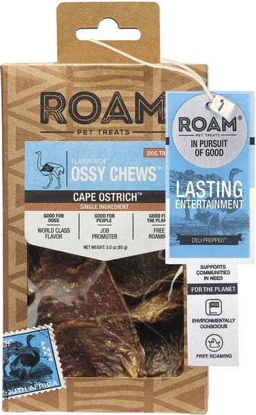 Roam Ossy Chews Cape Ostrich Dog Treats， 3-oz pouch