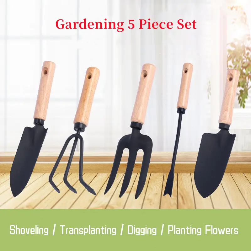 Hot Selling 5 Piece Wooden Floral Garden Hand Tools Set Kit Stainless Steel High Quality Shovel Tool Sets For Home Outdoor