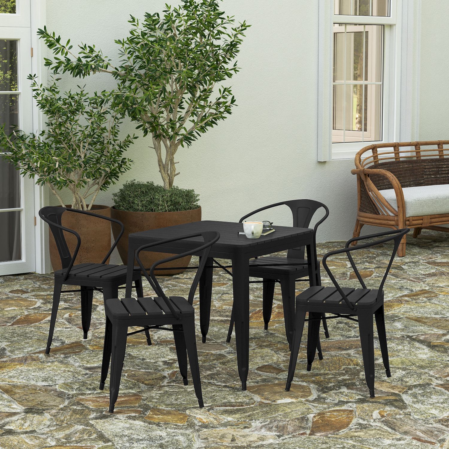 Merrick Lane Hara Five Piece Indoor-Outdoor Dining Table and Chairs Set with 31.5 Square Table and 4 Metal Chairs in Black