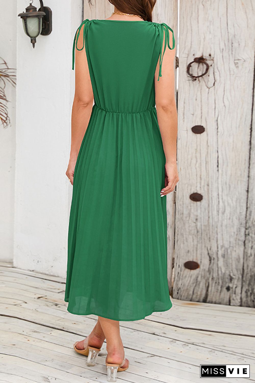 V Neck High Waist Ruched Neck Pleated Midi Dress