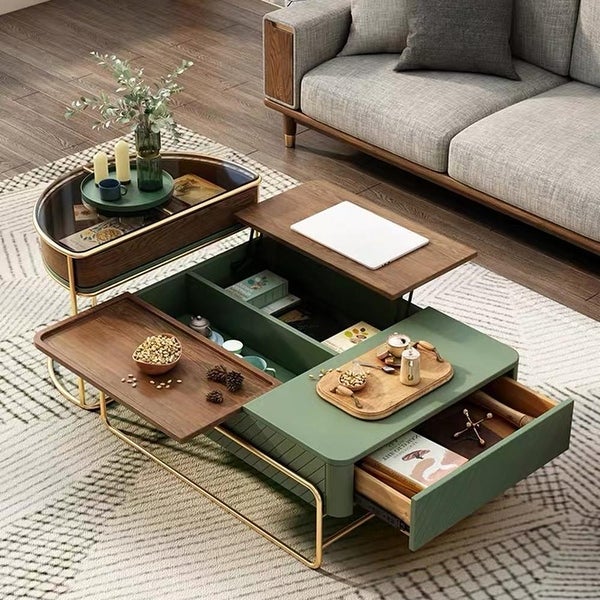 Lift-top Modern Nesting Coffee Table Set with Drawer， Tempered Glass Top Side Table