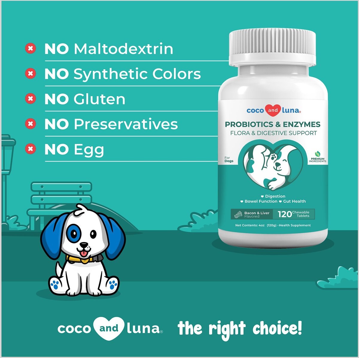 Coco and Luna Probiotics and Enzymes Bacon and Liver Flavor Dog Supplement， 120 count