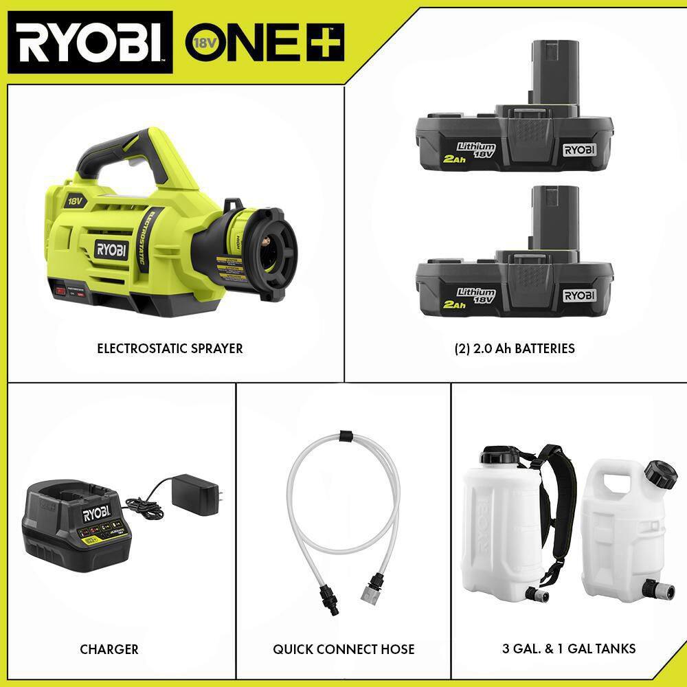 RYOBI ONE+ 18V Cordless Electrostatic 1 Gal. Sprayer w Extra 3 Gal. Replacement Tank (2) 2.0 Ah Batteries and (1) Charger P2870-3G