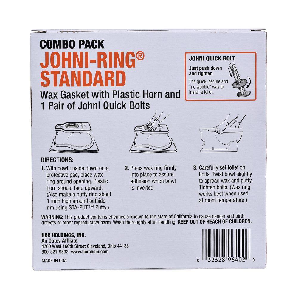 Oatey Johni-Ring 3 in. - 4 in. Standard Toilet Wax Ring with Plastic Horn and Johni-Quick Brass Toilet Bolts 96402