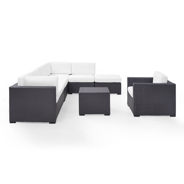 Biscayne 7 Person Outdoor Wicker Seating Set in White - Two Loveseats， One Armless Chair， One Arm Chair， Coffee Table， Ottoman