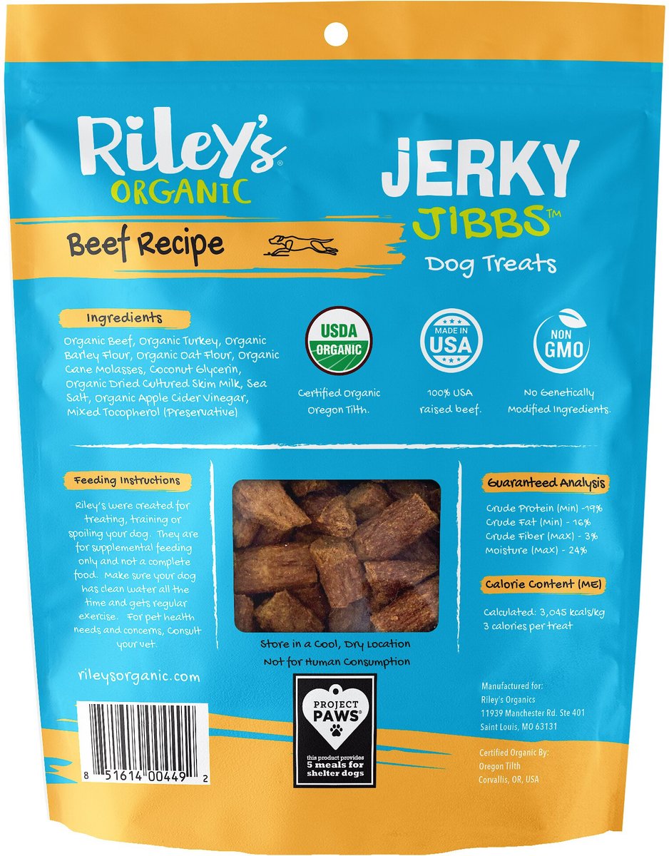 Riley's Organic Jerky Jibbs Beef Recipe Dog Treats， 5-oz pouch