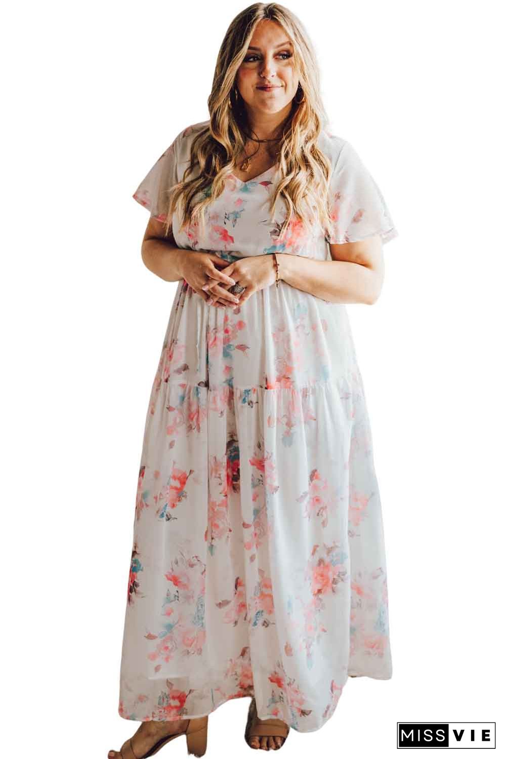 White Floral Print Lace-up High Waist Plus Size Maxi Dress