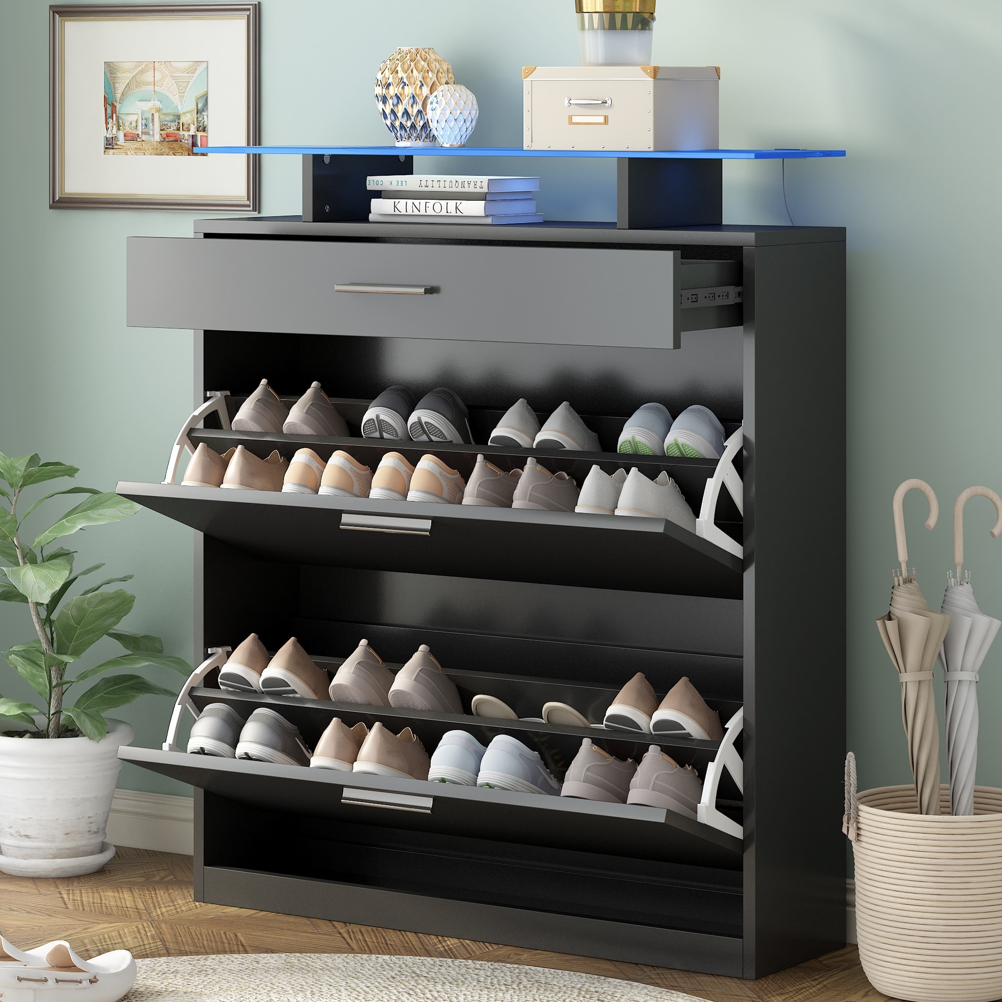 Slim Shoe Storage Cabinet with Glass Top and LED Light - - 37747192