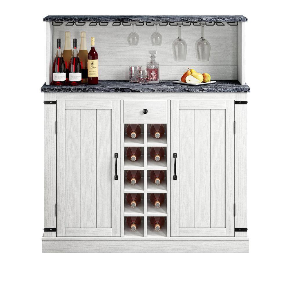 FESTIVO 47 in. Cut-Off White Wood Buffet Bar Cabinet with Wine Rack with Granite Pattern Countertop FWC21178