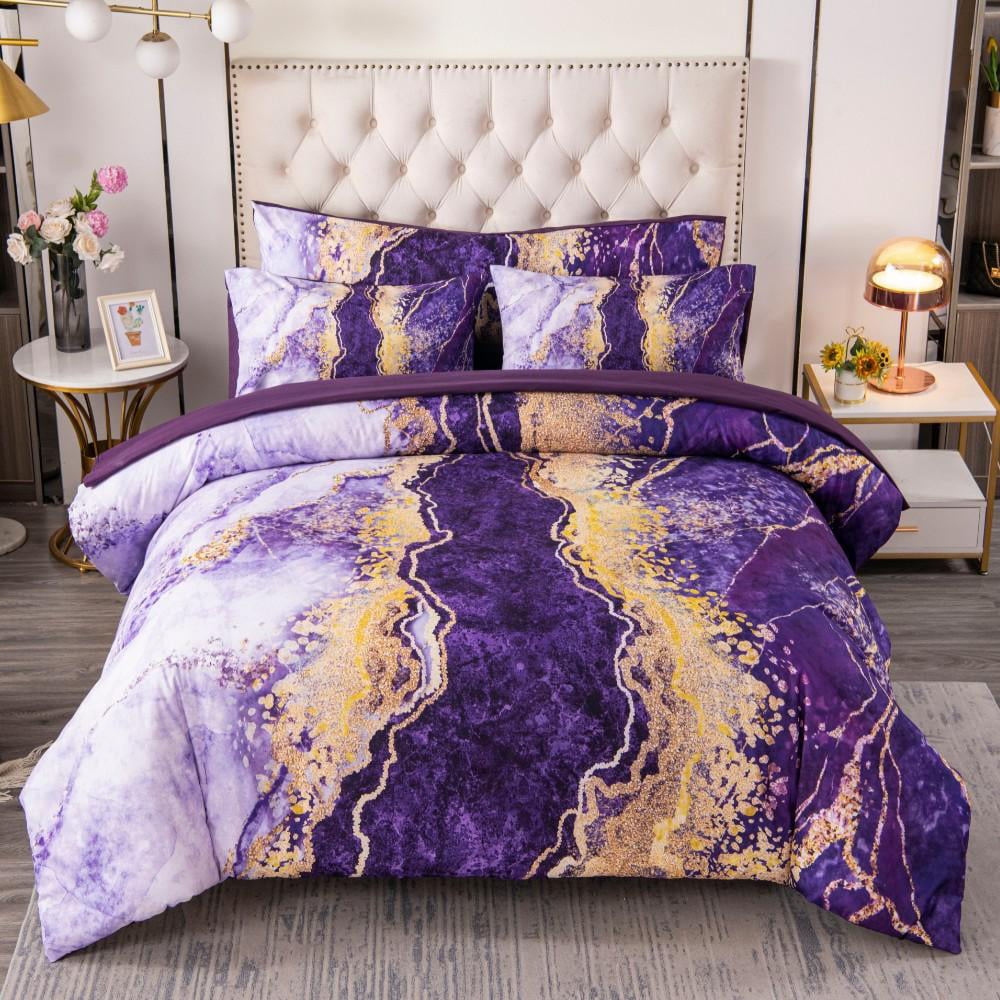 PERFEMET 6 Pcs Bed-in-a-Bag Purple Watercolor Marble Colorful Comforter Set， (Purple， Queen)