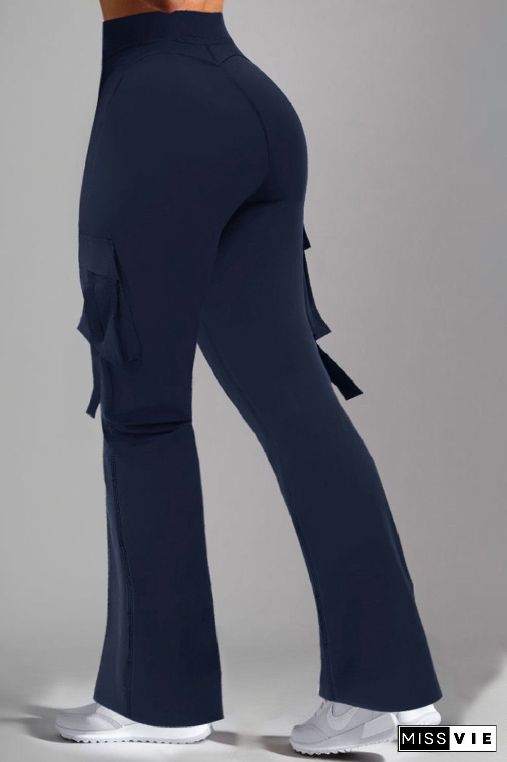 Solid Flap Pocket High Waist Flare Sports Pants