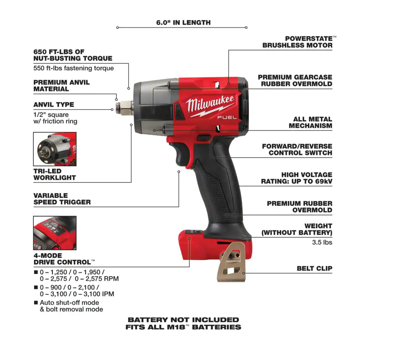 Milwaukee 2962-20-49-16-2960 M18 FUEL Gen-2 18V Lithium-Ion Brushless Cordless Mid Torque 1/2 in. Impact Wrench with Friction Ring and with Boot