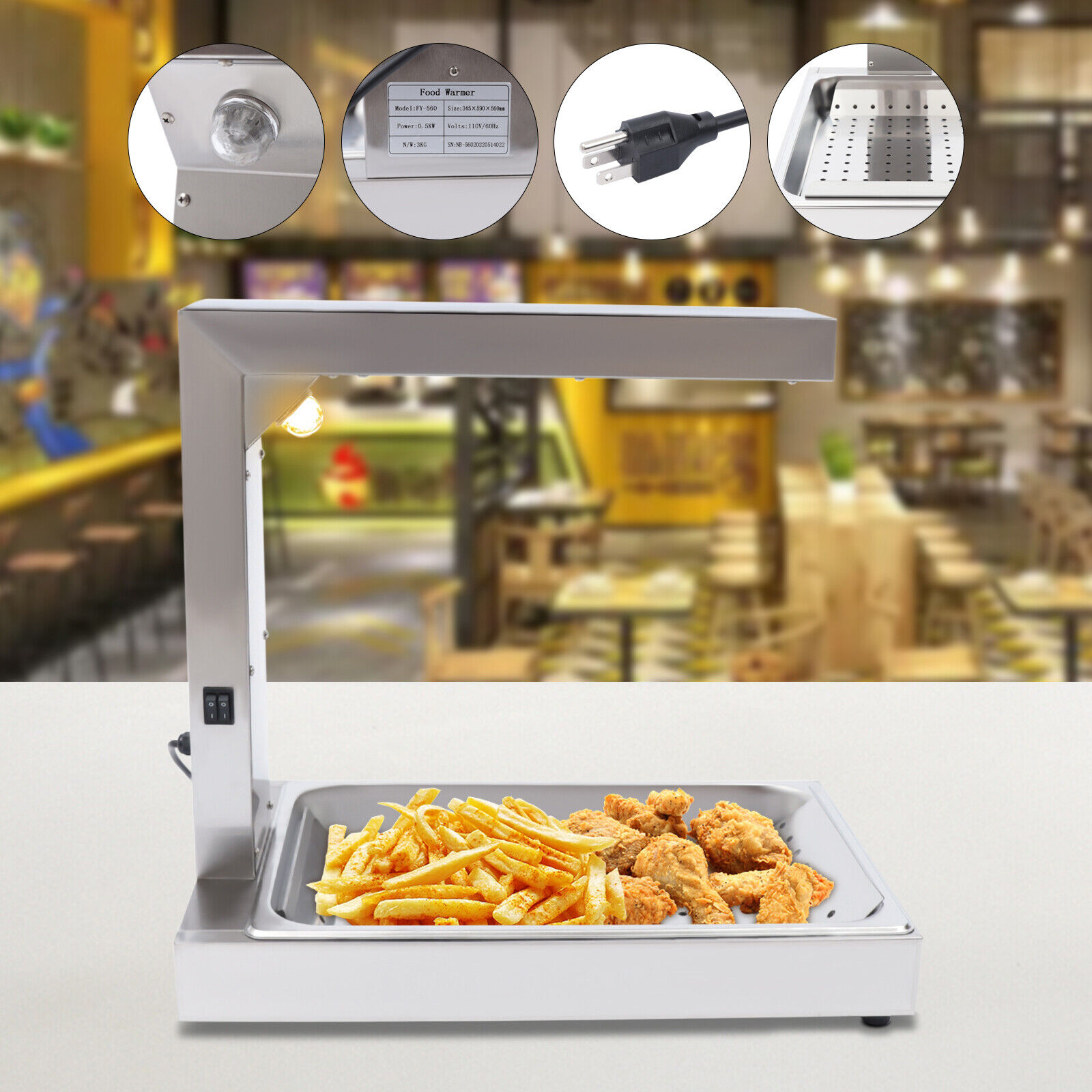 TOOL1SHOoo 110V Free Stainless Steel Standing Fried Chicken Warmer with Light 500W