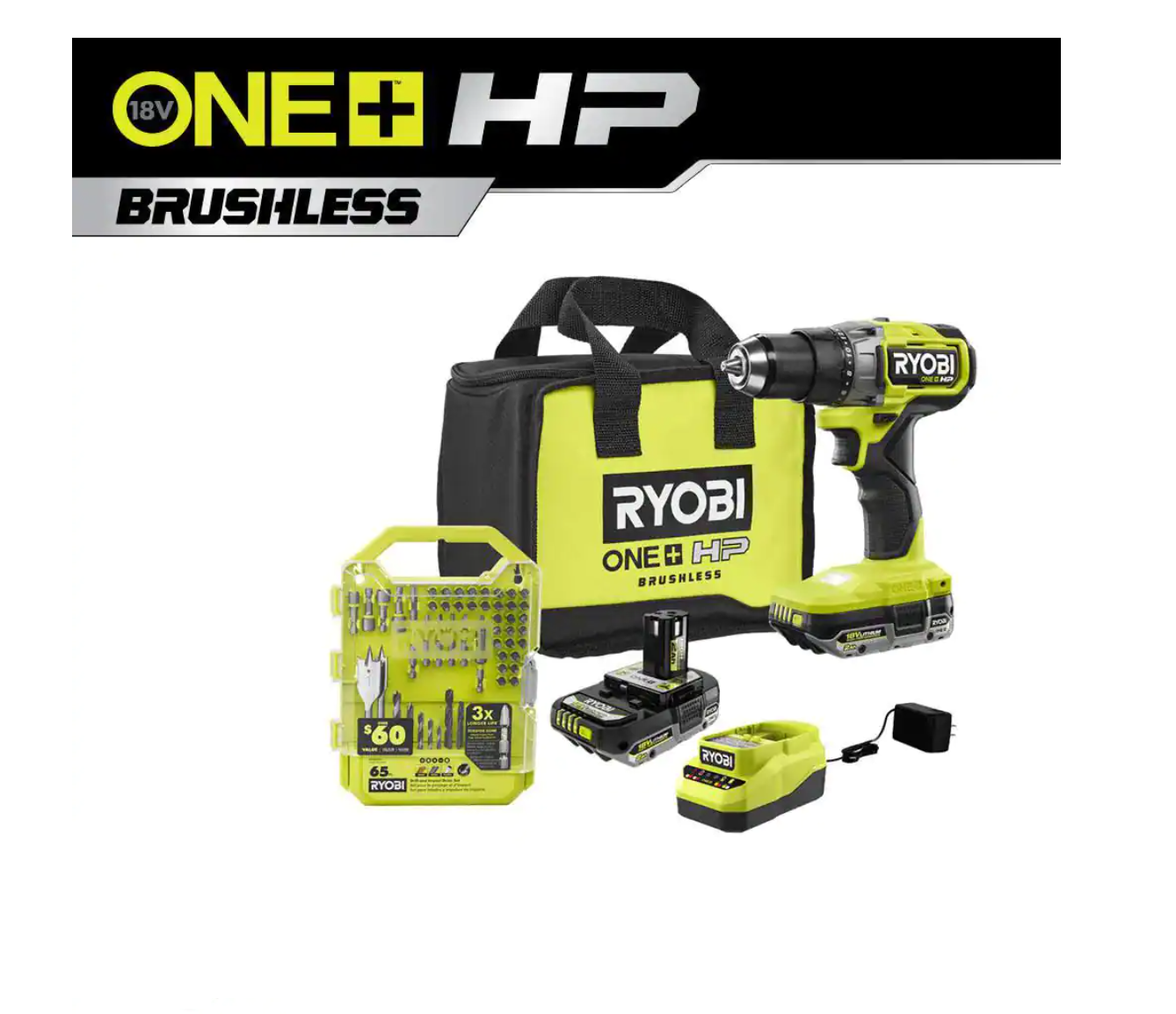 RYOBI PBLDD01K-A986501 ONE+ HP 18V Brushless Cordless 1/2 in. Drill/Driver Kit w/(2) Batteries， Charger， Bag， and Drill and Drive Kit (65-Piece)