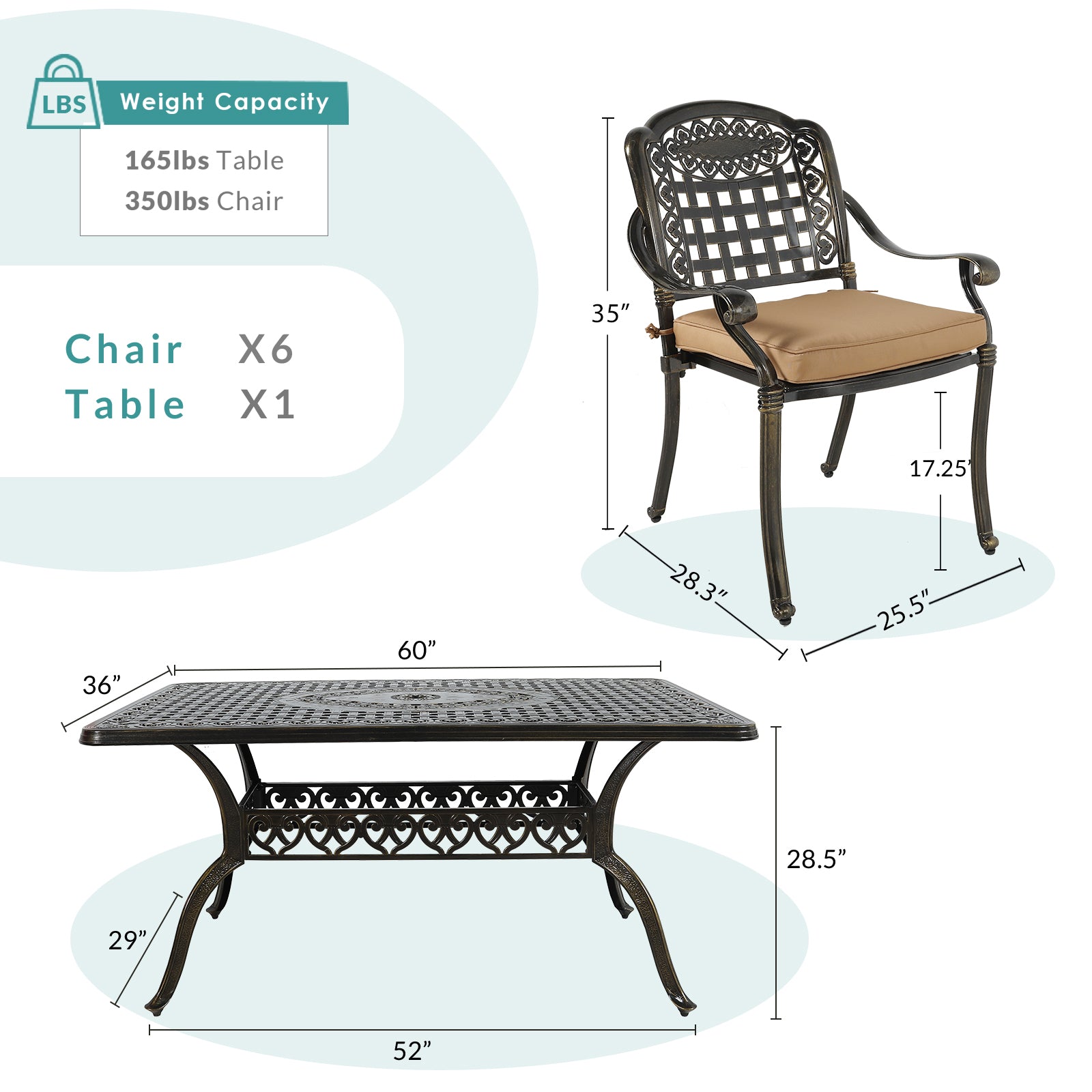 MEETWARM 7-Piece Outdoor Furniture Dining Set, All Weather Cast Aluminum Patio Garden Set with 6 Cushioned Chairs, 1 Rectangular Table, 2" Umbrella Hole