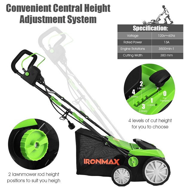 Ironmax 13amp Corded Scarifier 15 x27 x27 Electric Lawn Dethatcher W 50l Collection Bag