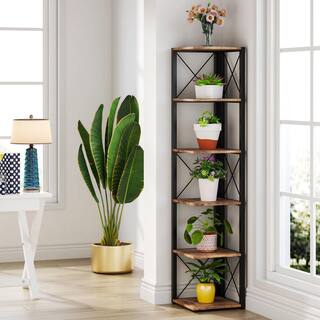 TRIBESIGNS WAY TO ORIGIN Jannelly 70.8 in. Rustic Brown Wood and Black Metal Frame 6 tier Radial Corner Shelves Bookcase Storage Rack Plant Stand HD-F1356-WZZ