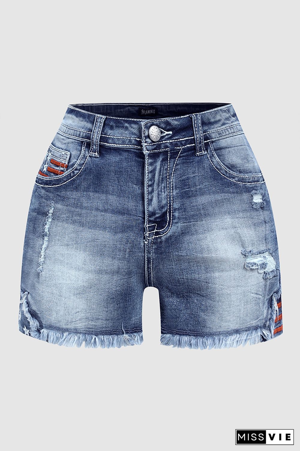 Striped & Star Pattern Raw Hem Denim Shorts