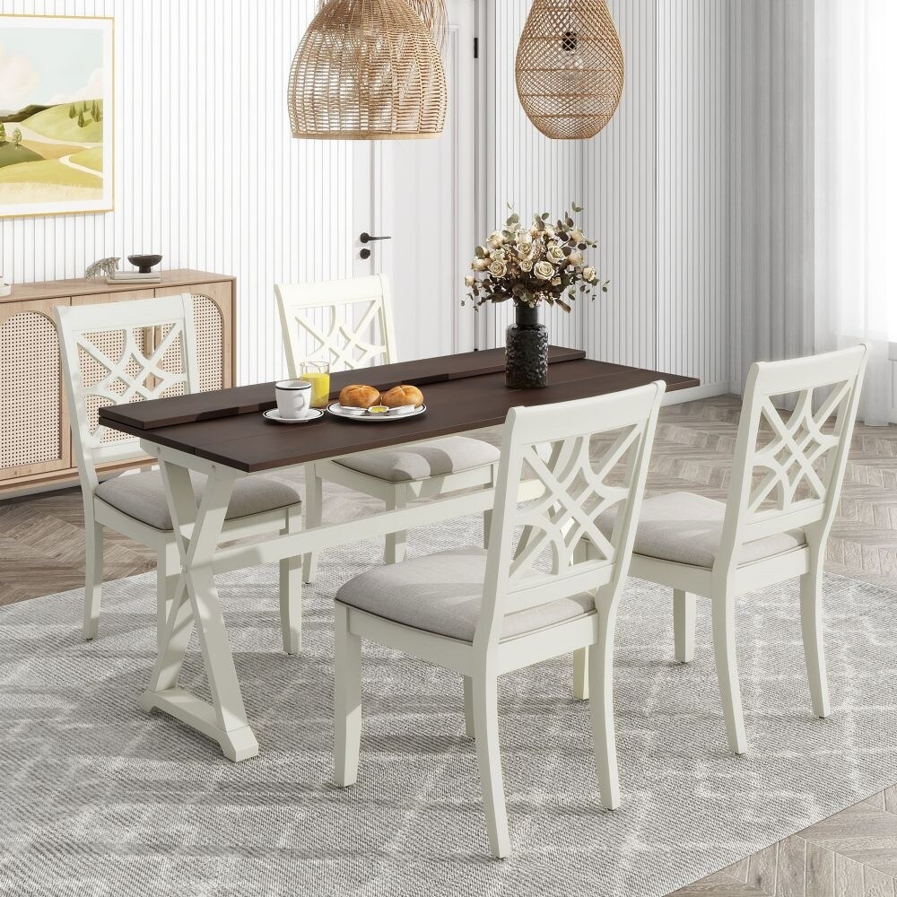 5 Piece 62x35.2inch Extendable Rubber Wood Dining Table Set with X shape Legs