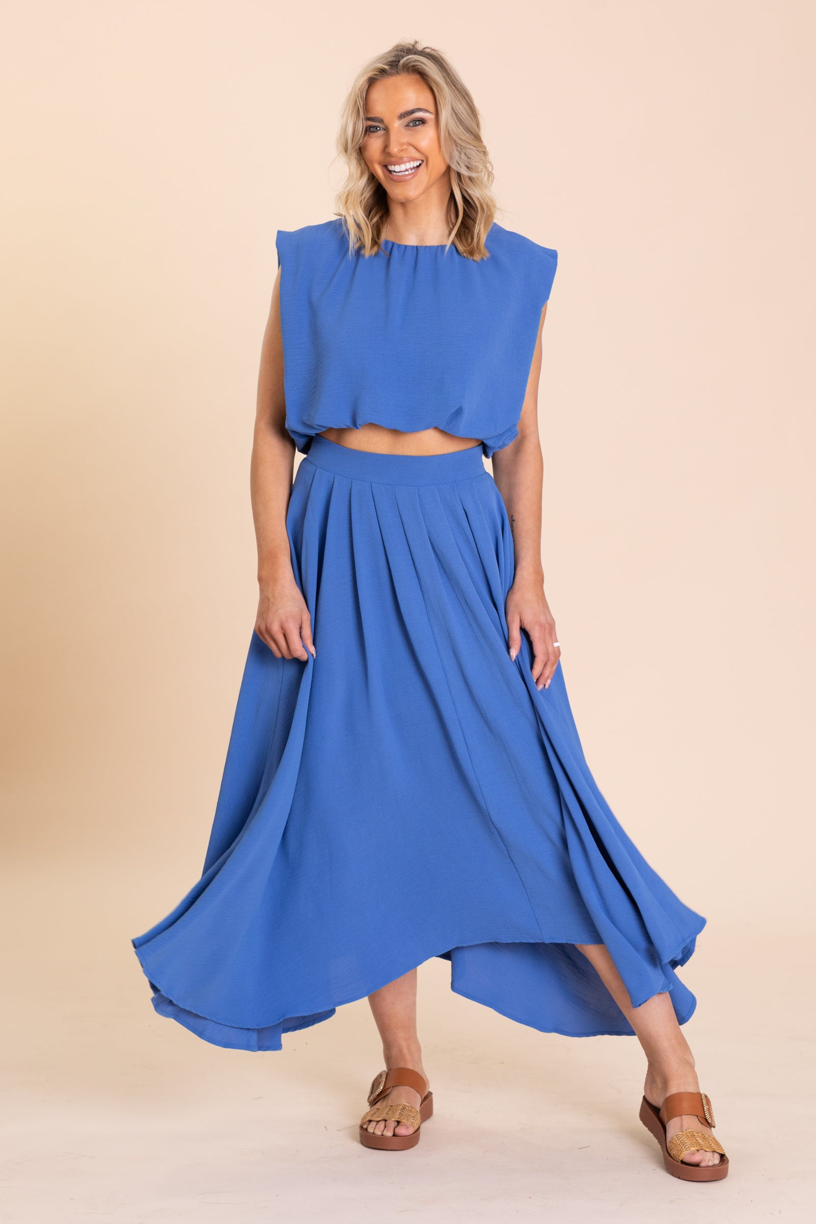 Pastel Blue Box pleated Midi Skirt