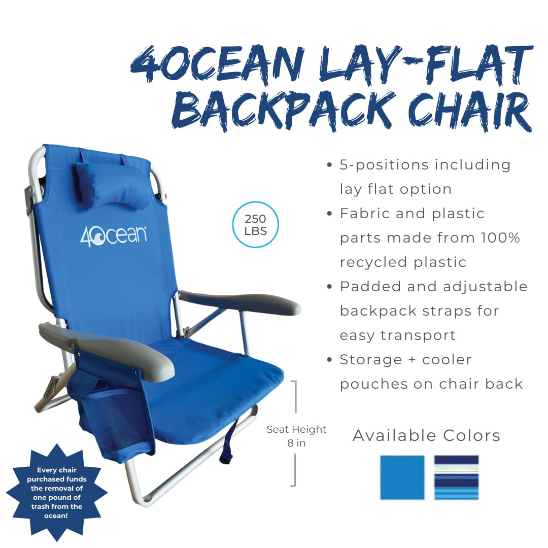 4ocean Signature Folding Backpack Outdoor Beach Chair with Cooler， Blue