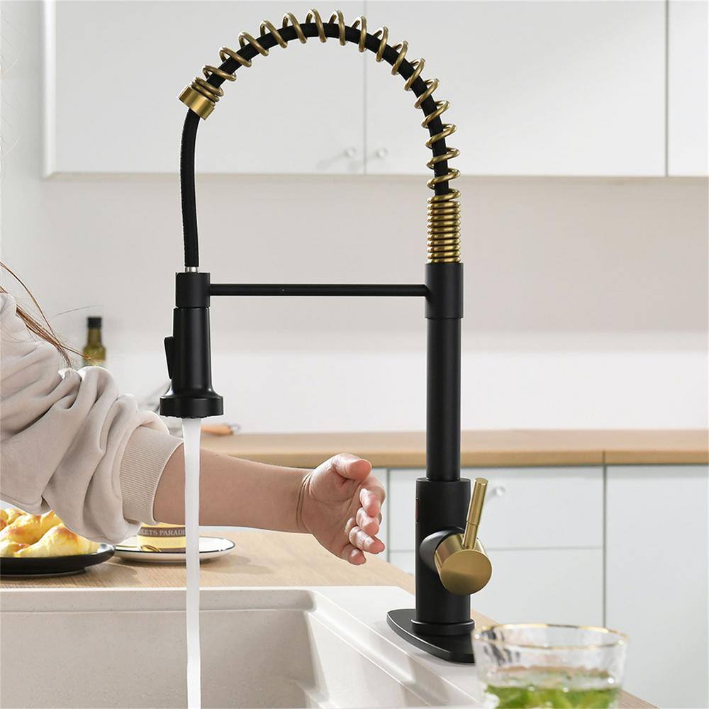 FLG Single Handle Touchless Commercial Smart Pull Down Sprayer Kitchen Faucet with Deckplate Included Black and Brushed Gold CC-0131-BG