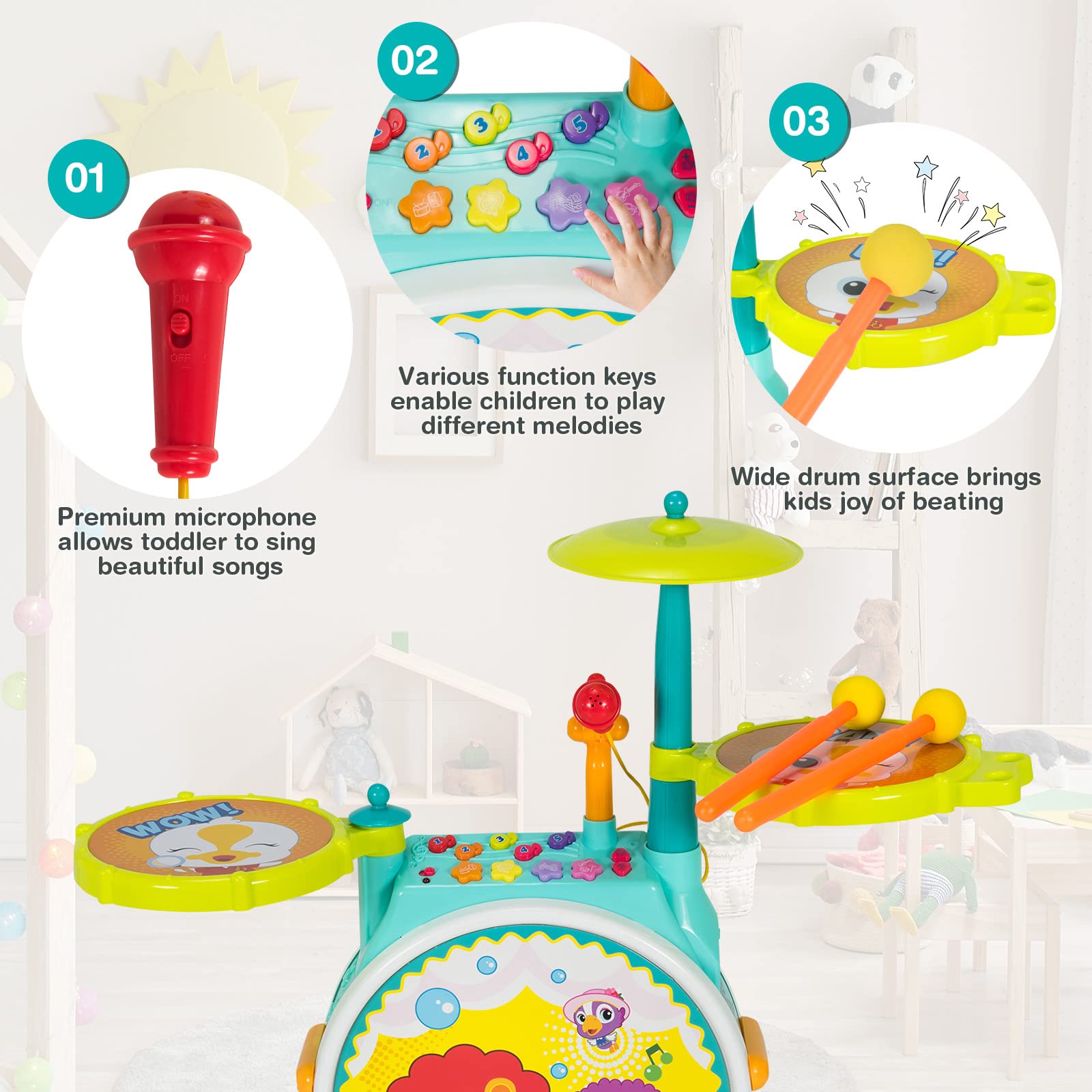 Kids Drum Set, Electric Musical Instruments Toy with Working Microphone