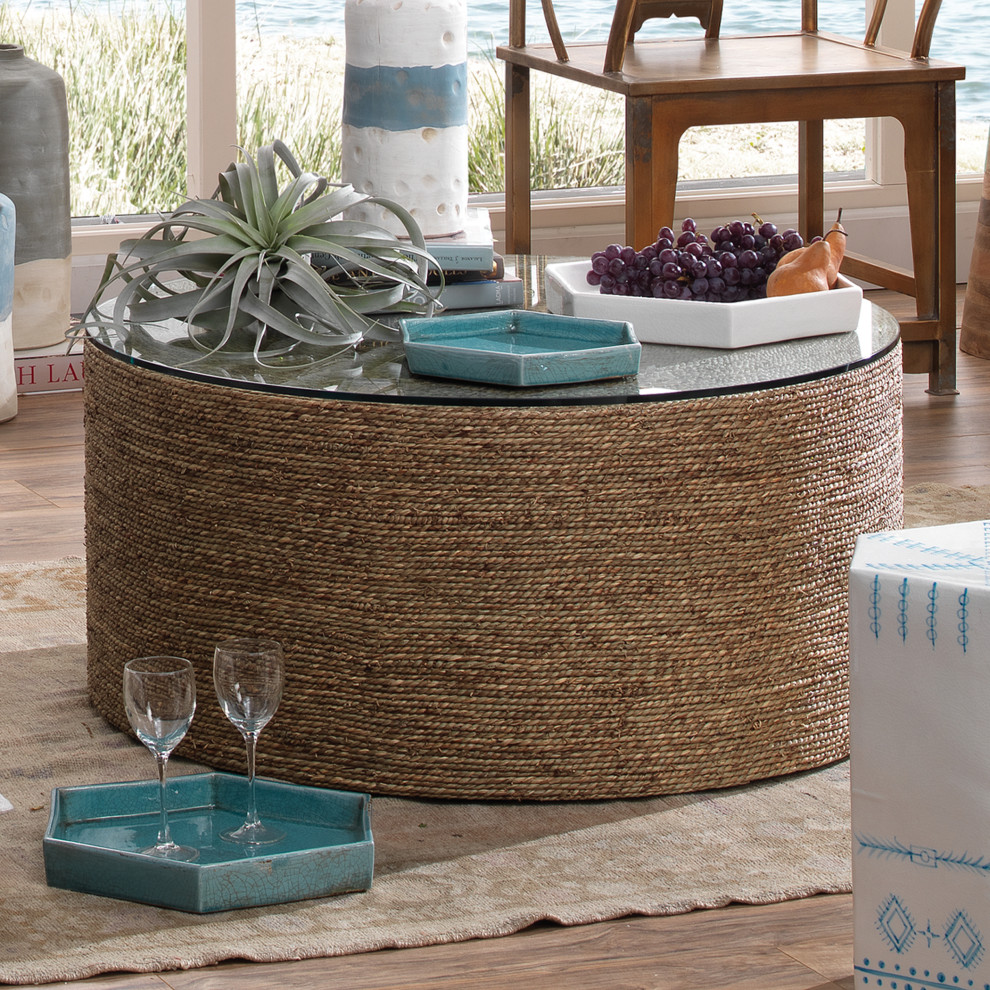 Harbor Coffee Table  Natural Seagrass With Tempered Glass Top   Beach Style   Coffee Tables   by HedgeApple  Houzz