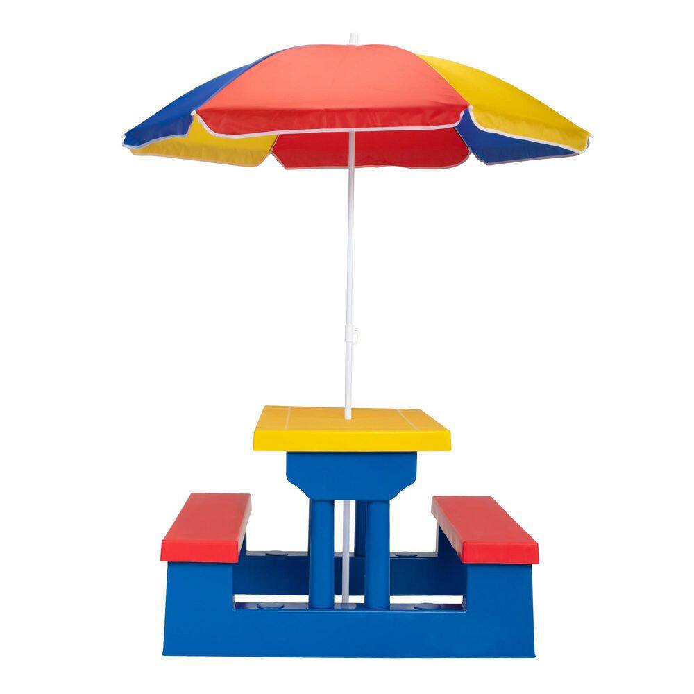 TIRAMISUBEST Yellow Plastic Kids Outdoor Picnic Table Set with Umbrella Kids Activity Play Table with Bench D0XY102HARINY