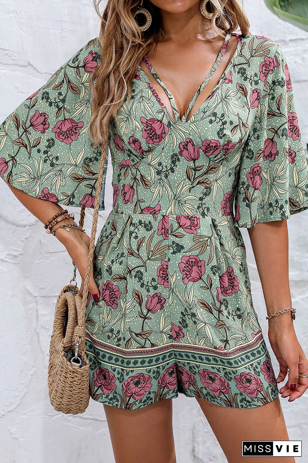 Green Floral Print One Piece Romper