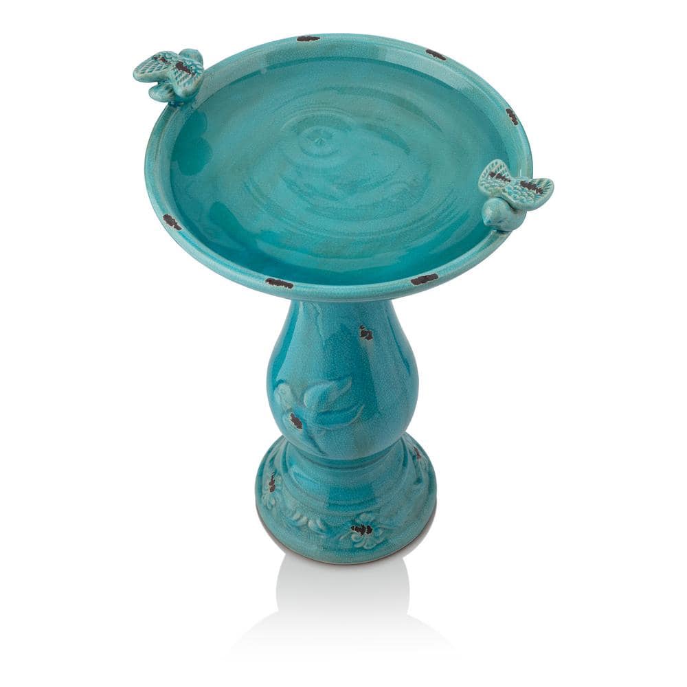 Alpine Corporation 24 in. Tall Outdoor Ceramic Antique Pedestal Birdbath with 2 Bird Figurines， Turquoise TLR102TUR