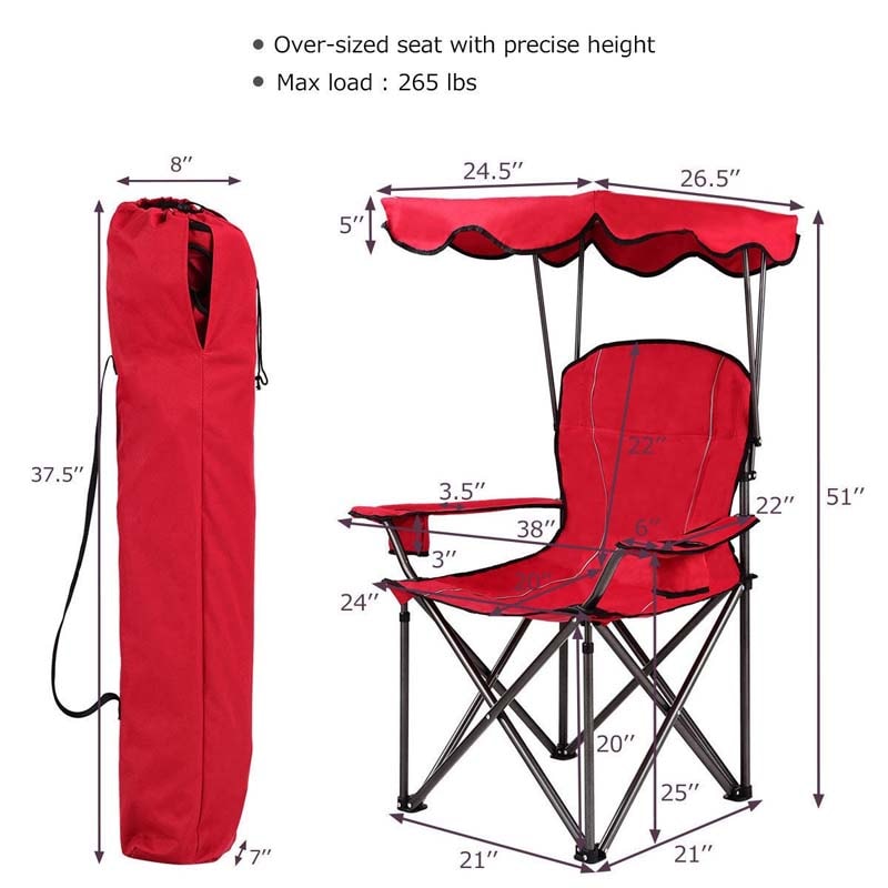 Outdoor Canopy Chair, Portable Folding Beach Chair with 2 Cup Holders, 600D PVC Fabric Camping Chair Lawn Chair