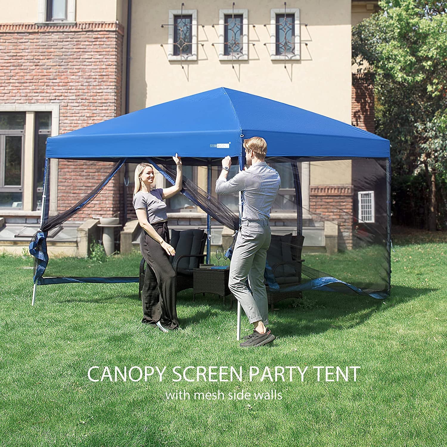 VIVOHOME 210D Oxford Outdoor Easy Pop Up Canopy Screen Party Tent with Mesh Side Walls (8 x 8 FT, Blue)