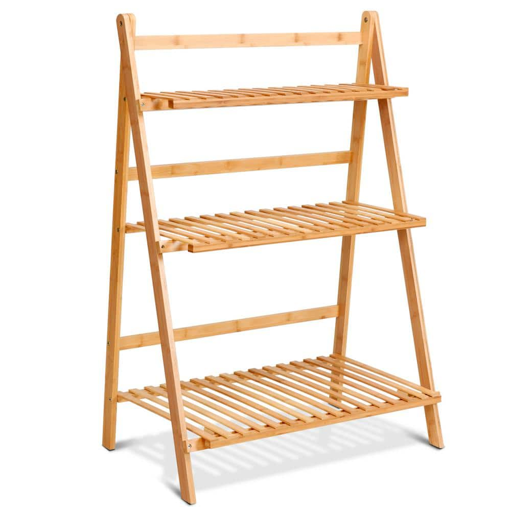 HONEY JOY 27.5 in. x 16 in. x 47.5 in. Hanging Folding Indoor/Outdoor Natural Wood Bamboo Plant Shelf Stand (3-Tier) TOPB000476