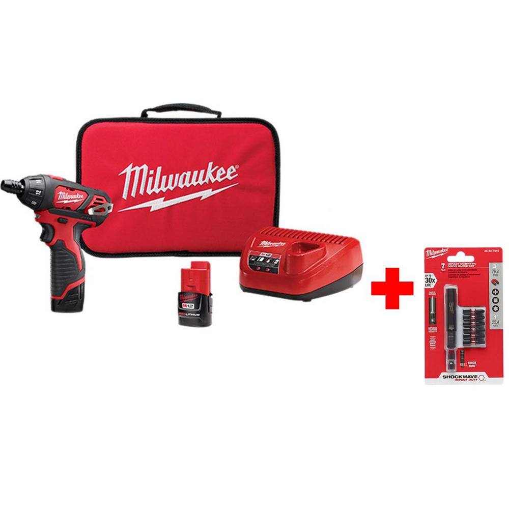 MW M12 12V Lithium-Ion Cordless 14 in. Hex Screwdriver Kit with Two 1.5Ah Batteries Charger Tool Bag and Bit Set 2401-22-48-32-4515