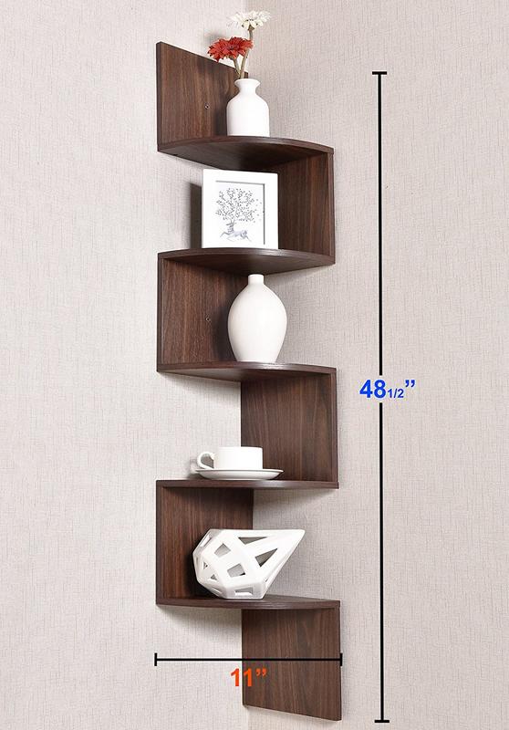 Greenco 5 Tier Wall Mount Floating Corner Shelves | Corner Wall Shelf with a Walnut Finish | 5 Tier