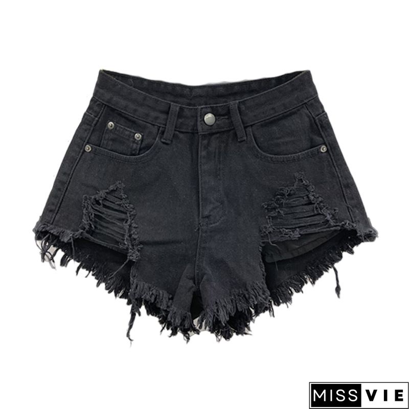 Feather Hem Splicing Zipper High Waist Jeans Shorts